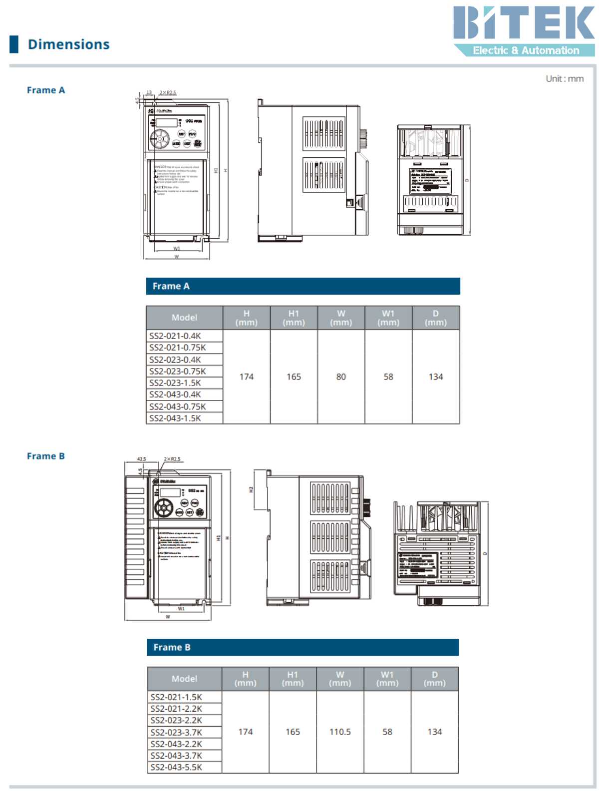 Bản vẽ kích thước biến tần Shihlin SS2