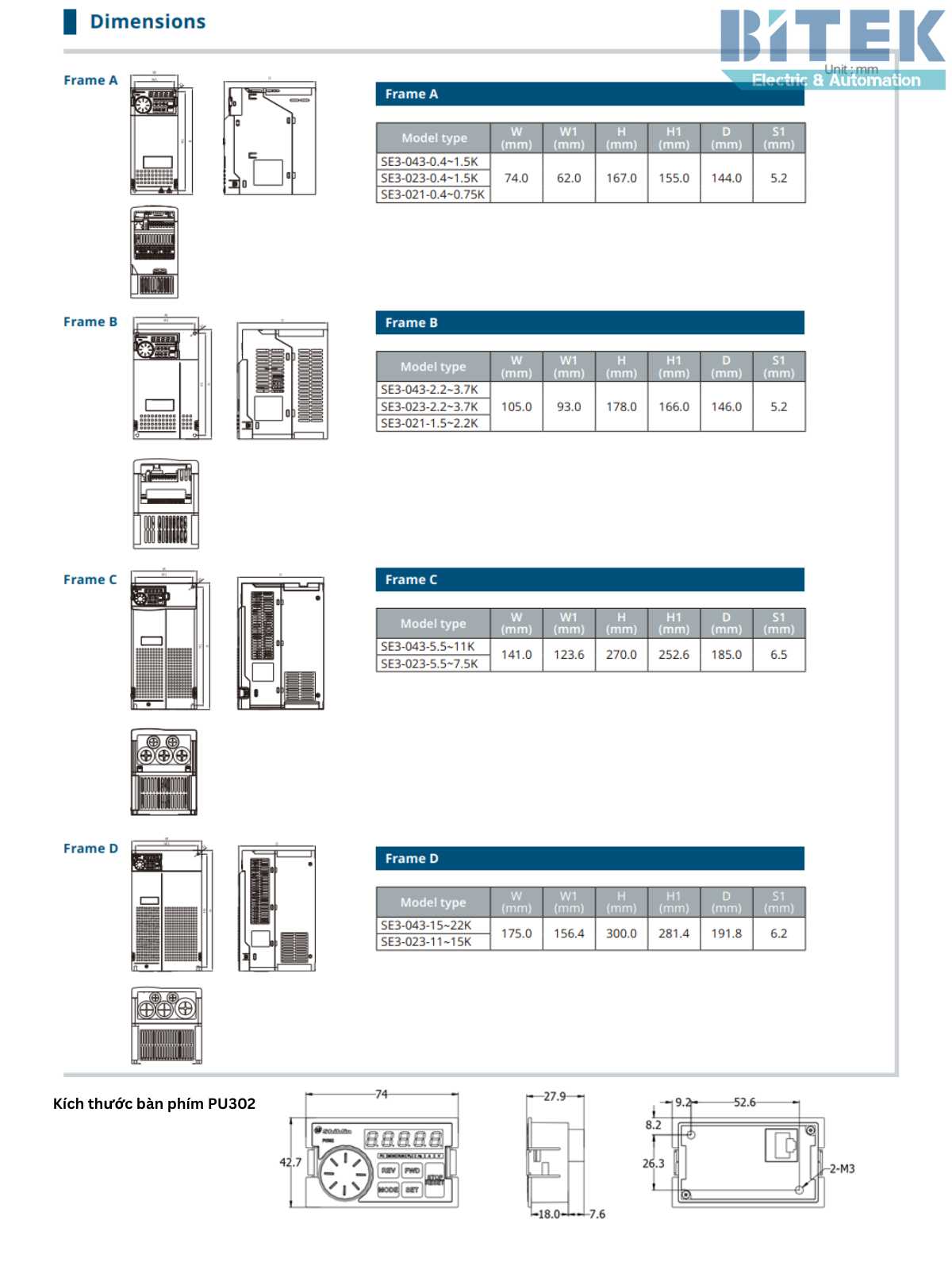 Kích thước biến tần Shihlin SE3